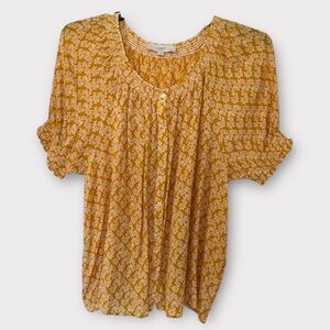 Loft Floral Button-front Boho Blouse in Mustard Yellow, 3/4 Smocked Sleeve, XL